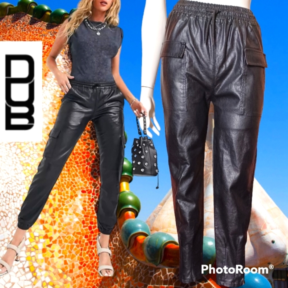 DuB NEW Sexy Black Vegan Leather Pants Tapered w/Zipper Ankle Cargo pocket Sz Lg